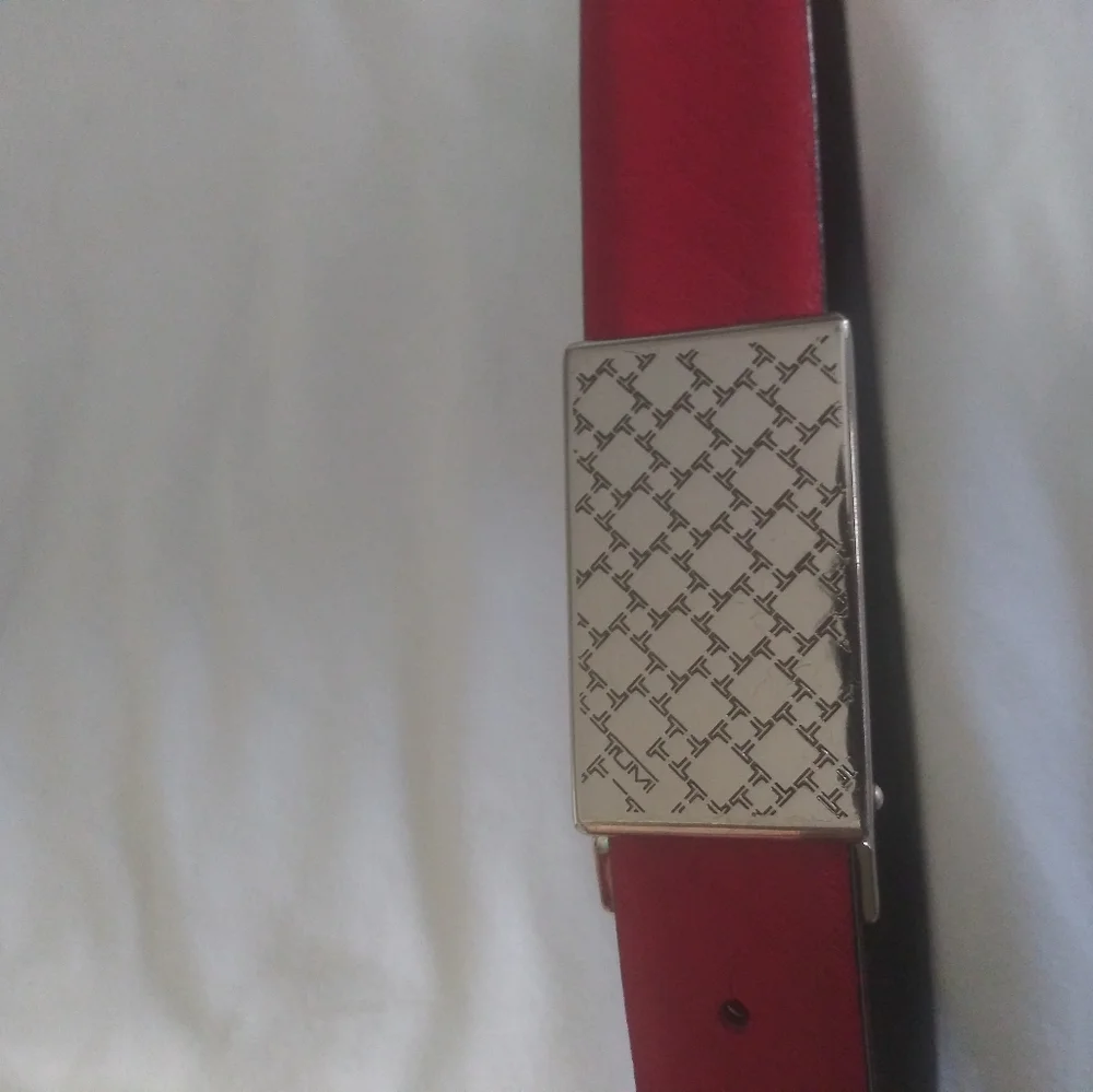 Tumi Reversible Red and Black Leather Belt with Silver Buckle